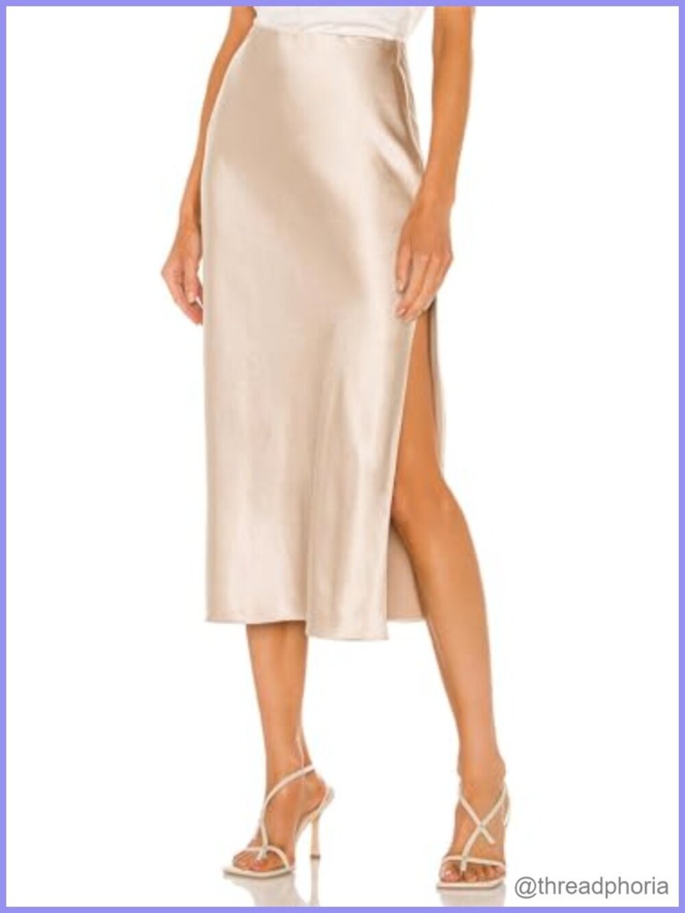 Satin Midi Skirt High Waist A-Line Slit Silky Elastic Waistband